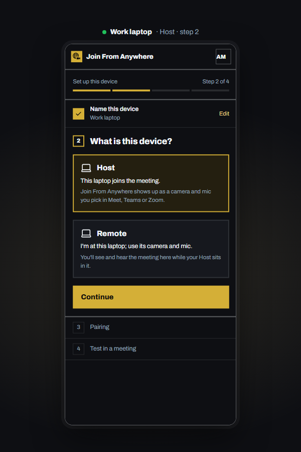 Setup step 2: choosing between Host and Remote.