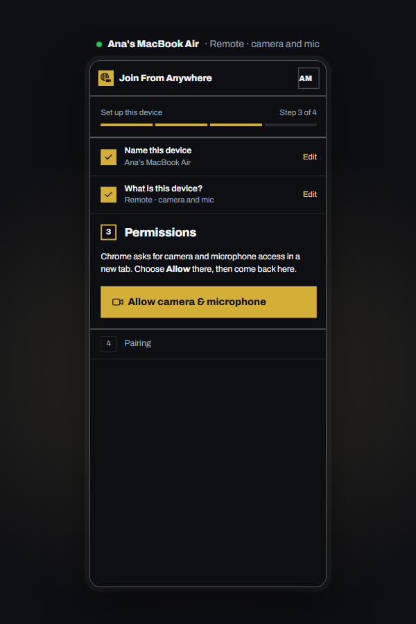 Setup step 3 on the Remote: camera and microphone permission.