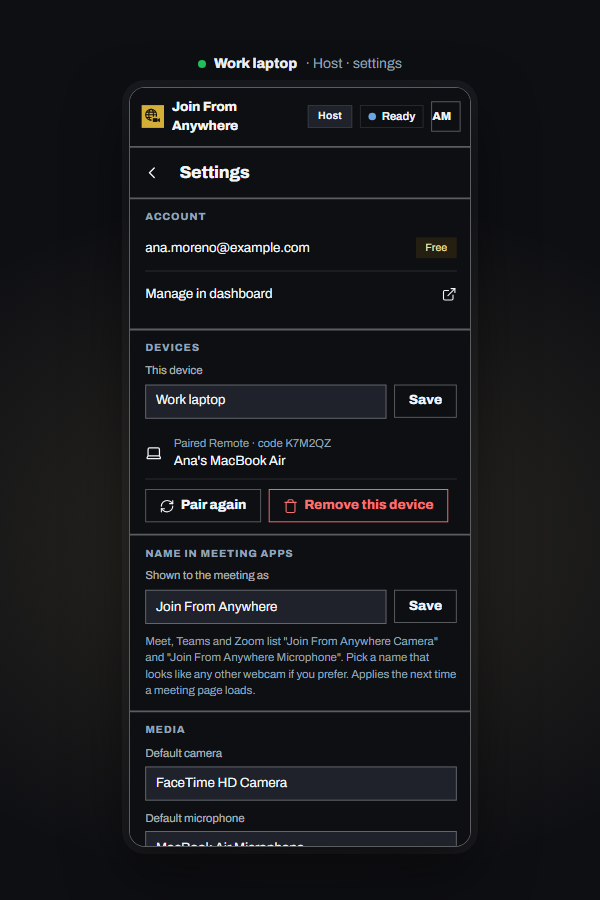 The Settings screen in the side panel.