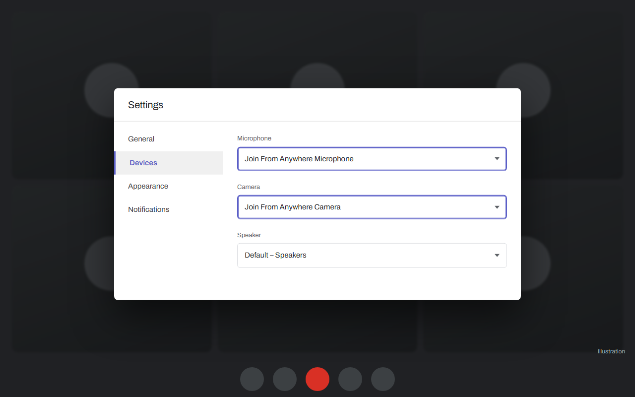 Illustration of the Microsoft Teams (web) device settings with Join From Anywhere chosen as camera and microphone